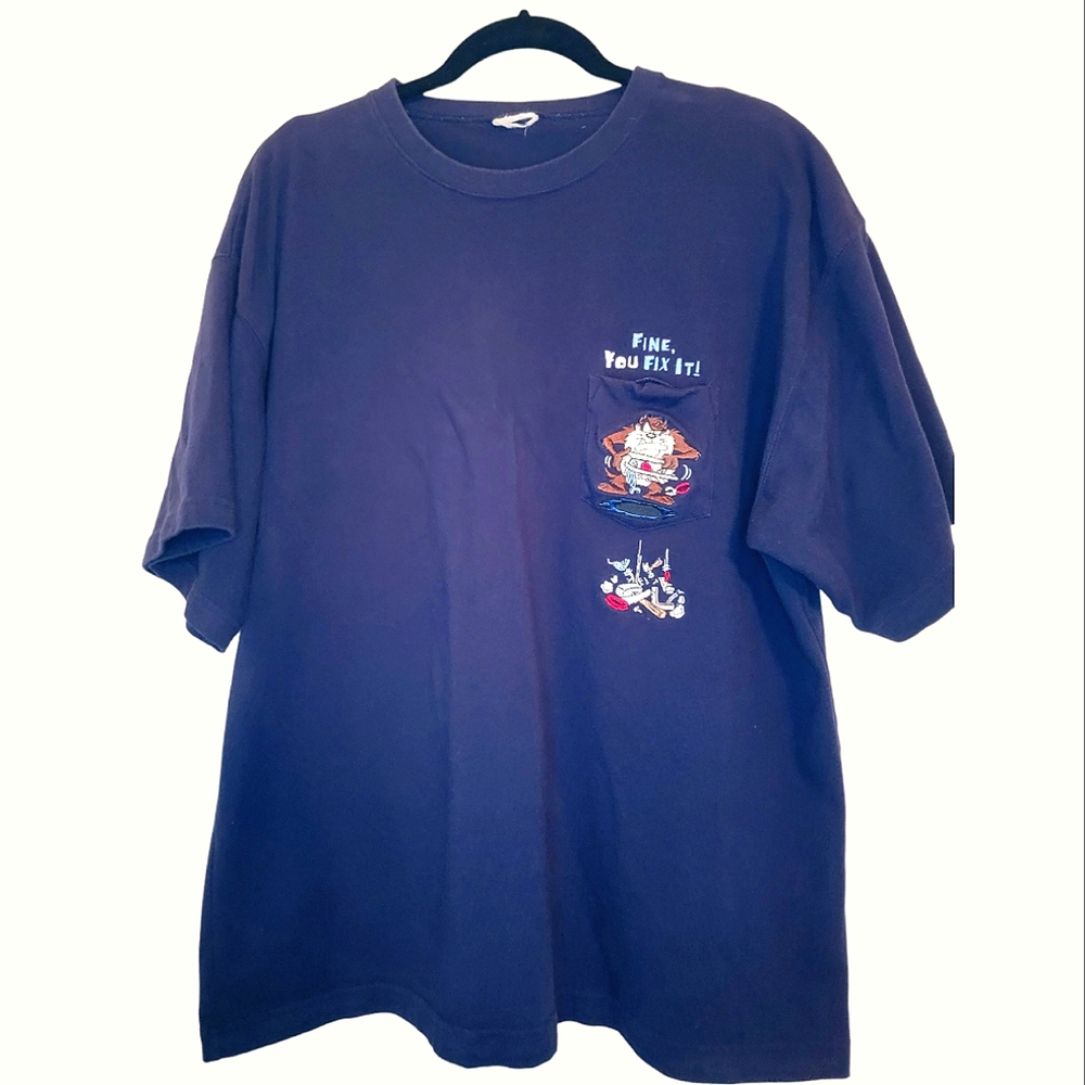 Vintage 90's Embroidered Tasmanian Devil, Blue Pocket Tee, Size XXL